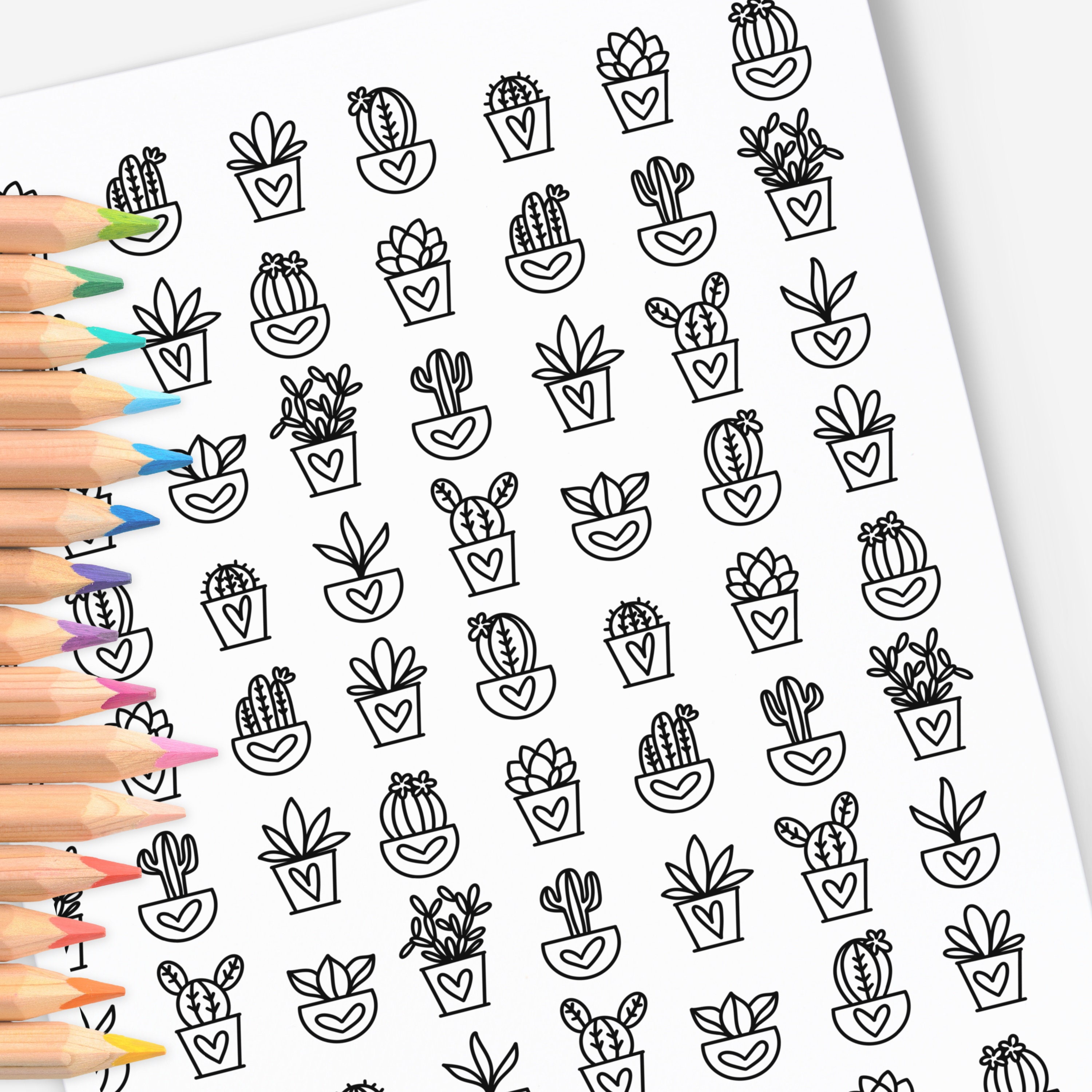 Succulents & Cactus in Heart Pots | Hand-Drawn Digital Coloring Page | Cute Plant Printable Color Sheet