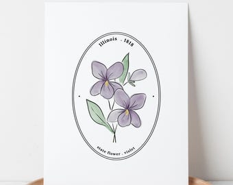 Illinois US State Flower Art Printable | Violet Watercolor Floral Wall Decor | Teacher Gift