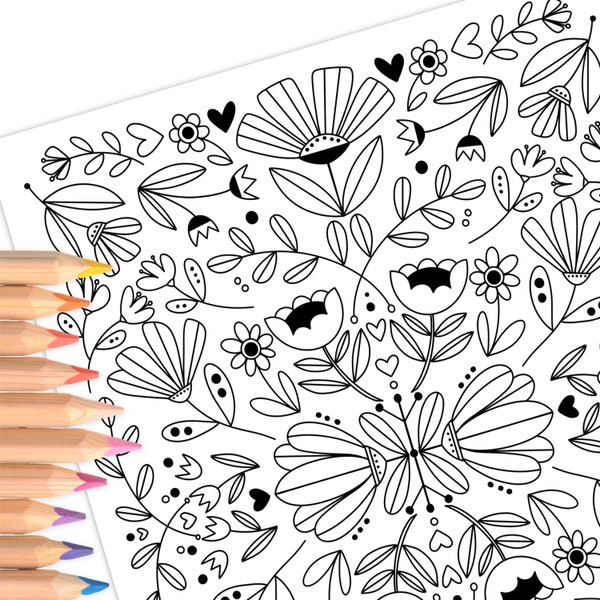 Modern Folk Flowers | Hand-Drawn Coloring Page Print & Color | Digital Printable  | Adult Zen Calming Color Activity Time