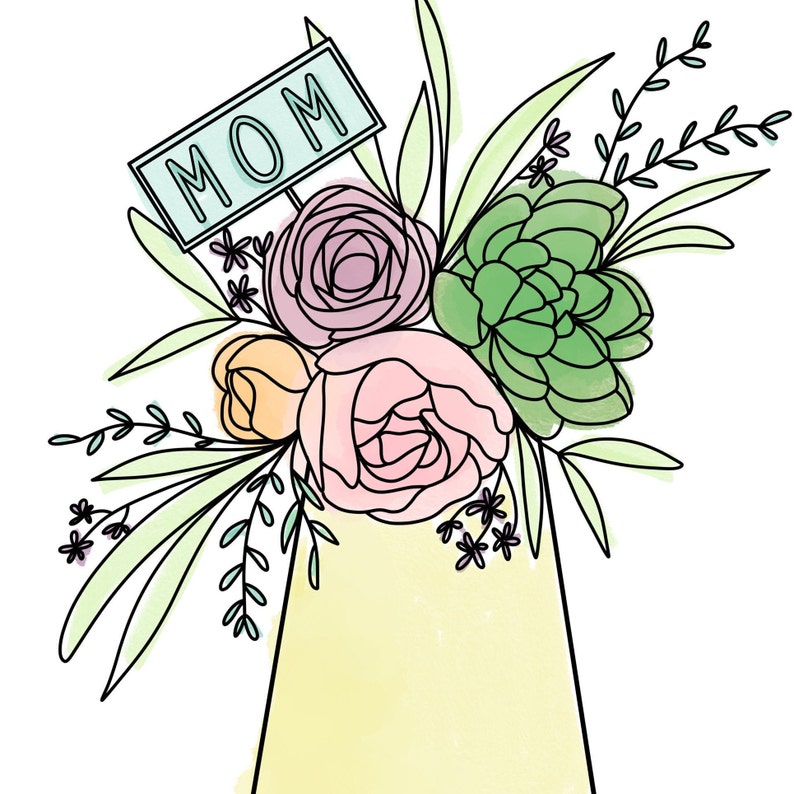 Mothers Day Bouquet Hand-drawn Coloring Page Print &amp; Color - Etsy