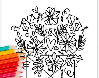 Poinsettia Love Letter Printable Coloring Page | Holiday Coloring Sheets | Family Night Activity School Relax and Color Cozy Xmas