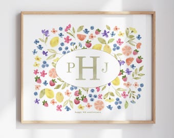 Couples 4th Anniversary Art Print | Personalized Monogram Fruit and Flower Gift