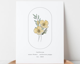 California State Flower | California Poppy Watercolor Floral Art Printable | Wildflower Wall Decor