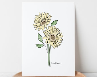 Sunflower Illustration | Unframed Art Print 4 Options Watercolor Antique Sketched Drawing Floral Accent Nature Inspired Decor