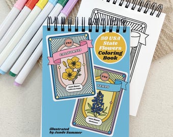 Mini US State Flowers Coloring Book 50 Pages Illustrated by Jande Summer | Spiral Bound Pocket Size 4.25X6" | Educational Activity Notebook