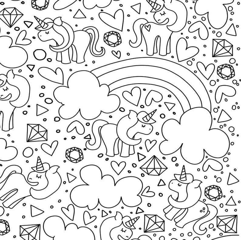 Unicorns & Rainbows Coloring Page Digital Printable | Etsy