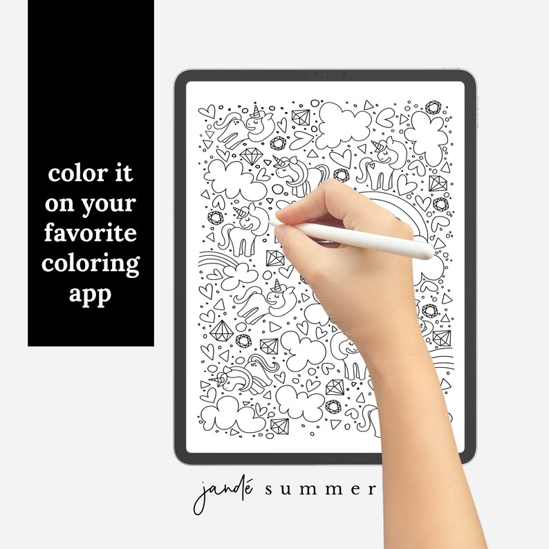 May include: A black and white digital illustration of a unicorn, rainbows, hearts, and diamonds on a tablet screen. A hand is holding a stylus and drawing on the screen. The text "jande summer" is at the bottom of the screen.