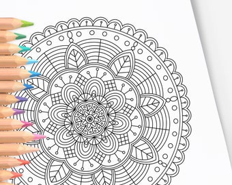 Mandala bladeren en bloesem | Handgetekende kleurplaat afdrukken en kleur | Digitale kleurplaat | Gedetailleerde volwassen kleuren