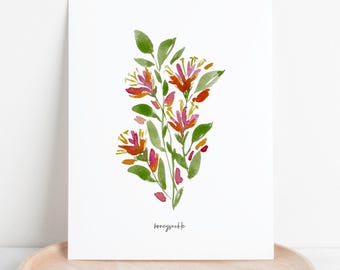 Pink Honeysuckle Watercolor Unframed Art Print | June Birth Flower Wall Decor