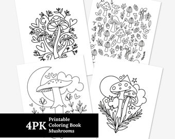 4 Pk Mushroom Coloring Pages | Hand-Drawn Cottagecore Printable Coloring Sheets | Mindful & Relaxing