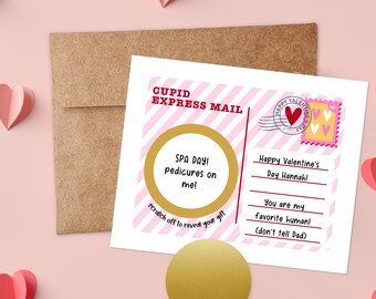 3 PK DIY Custom Text Scratch Off Cupid Express Mail Valentines Day Gift Voucher Flat Note Card | Personalized Gift Surprise Message