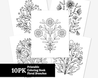10 Pk Coloring Pages | Floral Branches Large Print Coloring Book Illustrations | Mindful Printable Coloring Sheets | Calming Nature Doodles