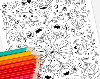 Modern Folk Flowers | Hand-Drawn Coloring Page Print & Color | Digital Printable  | Adult Zen Calming Color Activity Time