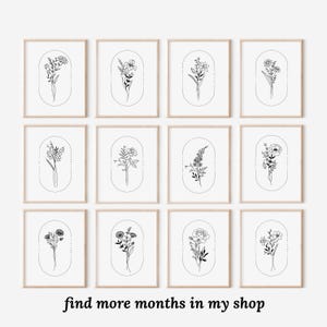May include: Set of 12 printable art prints featuring black and white line drawings of flowers in oval frames. Each print features a different flower and is labeled with the month it blooms. The prints are perfect for adding a touch of nature to any room.