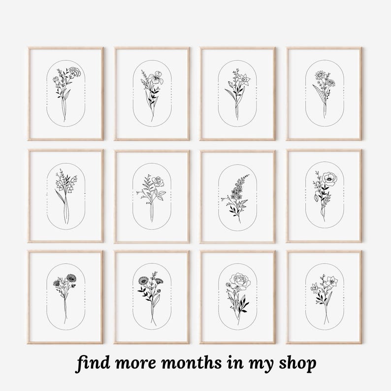 May include: Set of 12 printable art prints featuring black and white line drawings of flowers in oval frames. Each print features a different flower and is labeled with the month it blooms. The prints are perfect for adding a touch of nature to any room.