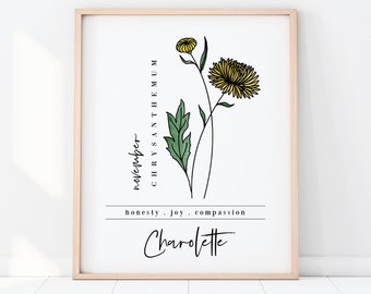 Personalisierter November Geburtsblume Chrysantheme | Personalisierte druckbare Kunst | Von Blumen inspiriertes Geburtstagsgeschenk