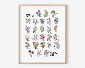 Flower Alphabet Chart | Illustrated Sketched Floral Unframed Art Wall Decor