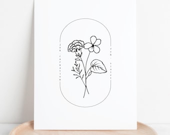 February & January Birth Flower Printable | Oval Frame Simple Line Floral Art Couples Gift
