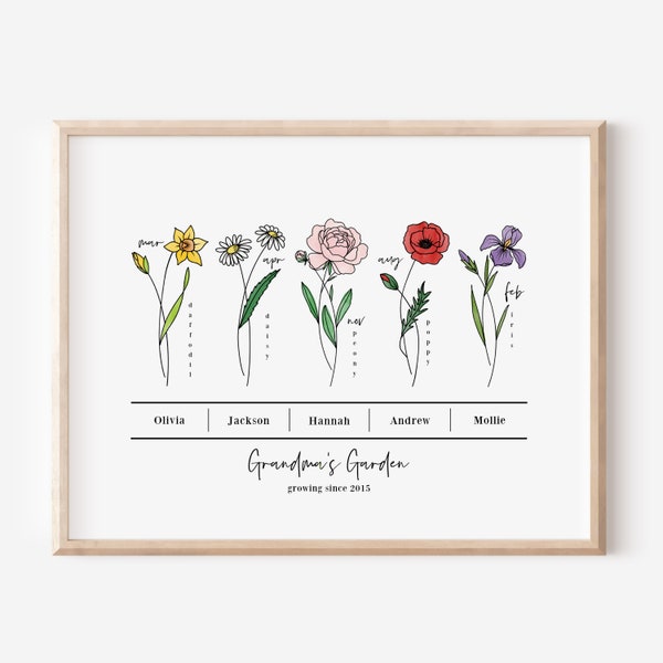 Personalized Birth Flower Bunch Unframed Art Print Up To 6 Names | Custom Gift For Mom & Grandma | Garden Nature Inspired Gift