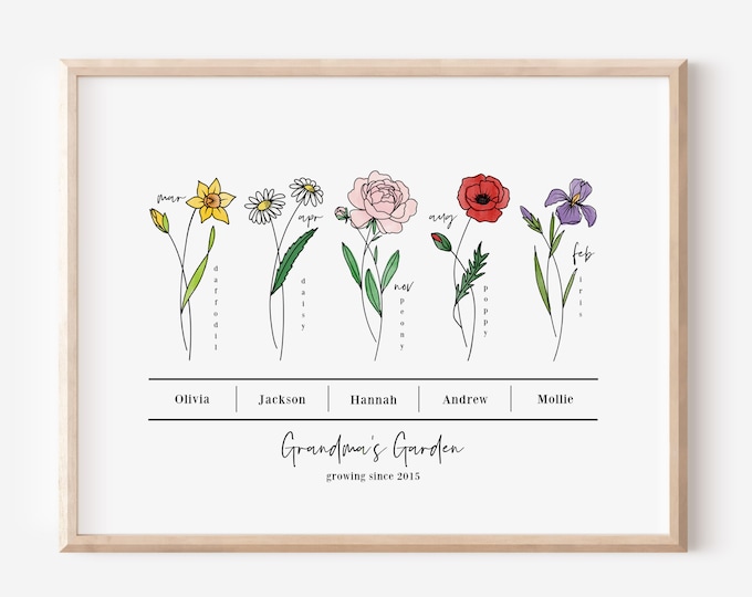 Featured listing image: Personalized Birth Flower Bunch Unframed Art Print Up To 6 Names | Custom Gift For Mom & Grandma | Garden Nature Inspired Gift