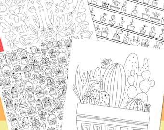 4 Pack Cactus Flowers & Succulent Plants | Hand-Drawn Coloring Page Digital Printable | Mindful Zen Coloring Book