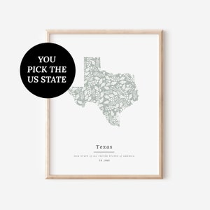 May include: A printable art print featuring a stylized outline of the state of Texas, filled with a pattern of white leaves on a light green background. The text "Texas" is printed below the state outline, along with the text "28th State of the United States of America TX. 1845".