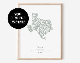 YOU Pick 1 US States USA Map Patterned State Print | Sage Green Floral and Foliage Art