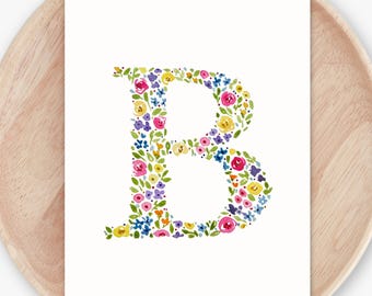 Painted Letter B | Wildflower Monogram Art Print | Floral Initial Wall Decor