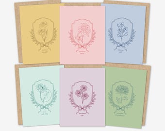 Pick 6 Birth Flower Cards + Envelopes | 9 Color Options | Kraft or White Envelopes | Blank Birthday Card Set