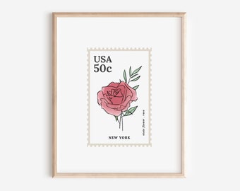 New York US State Flower Stamp | Rose Watercolor Floral Art Printable