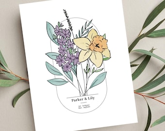 Couples Birth Flower Bouquet Printable | Personalized Wedding Gift | Couples Anniversary Keepsake