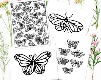 18 PK Butterfly Printable Coloring Pages | Hand-Drawn Coloring Sheet Butterflies Garden Party Decor