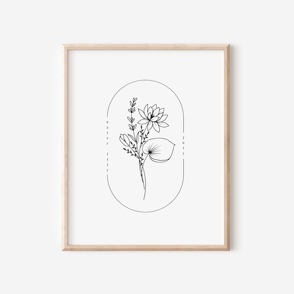 July Birth Flower Water Lily | Oval Frame Simple Art Printable | Garden Inspired Gift