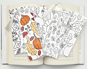 8 Pk Fall Coloring Bookmarks + 2 Protective Vinyl Sleeves with Tassels | Color Your Own