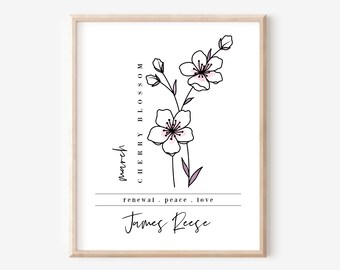 Custom Name March Birth Flower Cherry Blossom | Personalized Digital Printable | Garden Inspired Birthday Gift