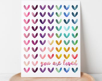 You Are Loved | Watercolor Hearts Digital Printable | Cute Bedroom Decor