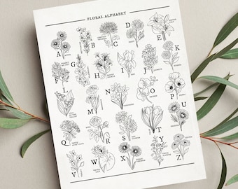 Flower Alphabet Chart Vintage Style | Illustrated Sketched Floral Unframed Art Wall Decor