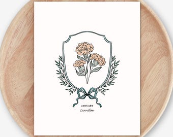 January Carnation Birth Flower Printable | Watercolor Crest & Bow Floral Illustration