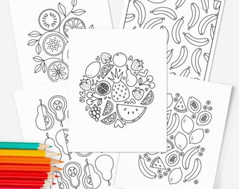 10 Pk Fruity Printable Coloring Pages Digital Color Sheets | Hand-Drawn Fruit Illustrations | Food & Fruit Doodles
