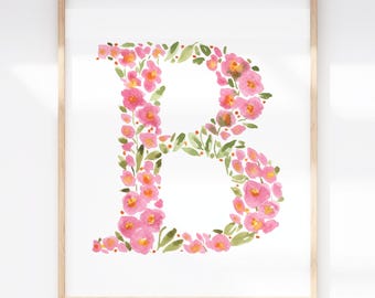 Painted Letter B Printable | Pink Floral Monogram Art | Initial Wall Decor
