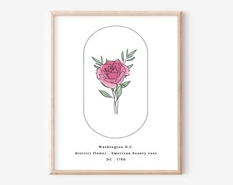 Washington DC District State Flower | American Beauty Rose Watercolor Floral Art Printable | Statehood Art Digital Wall Decor