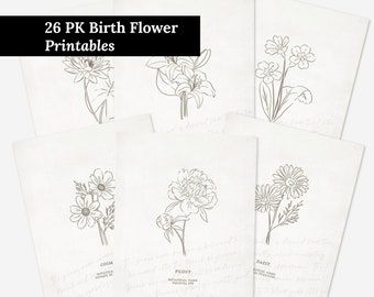 26 Pk Birth Flower Bundle Printables | 12 Months Floral Line Art Illustration + Definition Digital Wall Decor
