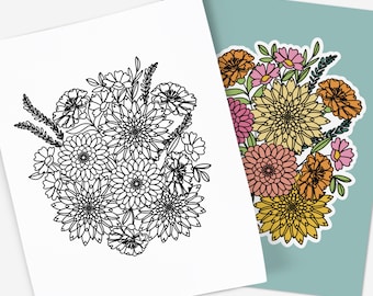 Floral Bouquet Coloring Page Printable | Mindful Flower Digital Coloring Sheets | Calming Nature Illustration