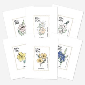 50 stampabili di francobolli di fiori dello stato degli Stati Uniti / Decorazione murale digitale illustrata floreale e acquerello degli Stati Uniti