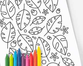 Tropical Palm Leaves Printable Coloring Page Hand-Illustrated Monstera Leaf Summer Vacation Luau Party Themed Coloring Sheets