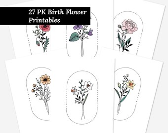 27 PK Birth Flower Art Printables | Watercolor Simple Floral Line Art Printable | Best Birthday Gift For All Ages