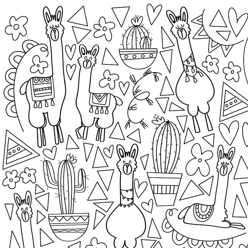 Cute Llamas & Cactus Handdrawn Coloring Page Printable Etsy