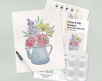 Peony & Lily Bouquet Watercolor Paint Kit | All In One Art Gift Set for Paint Night