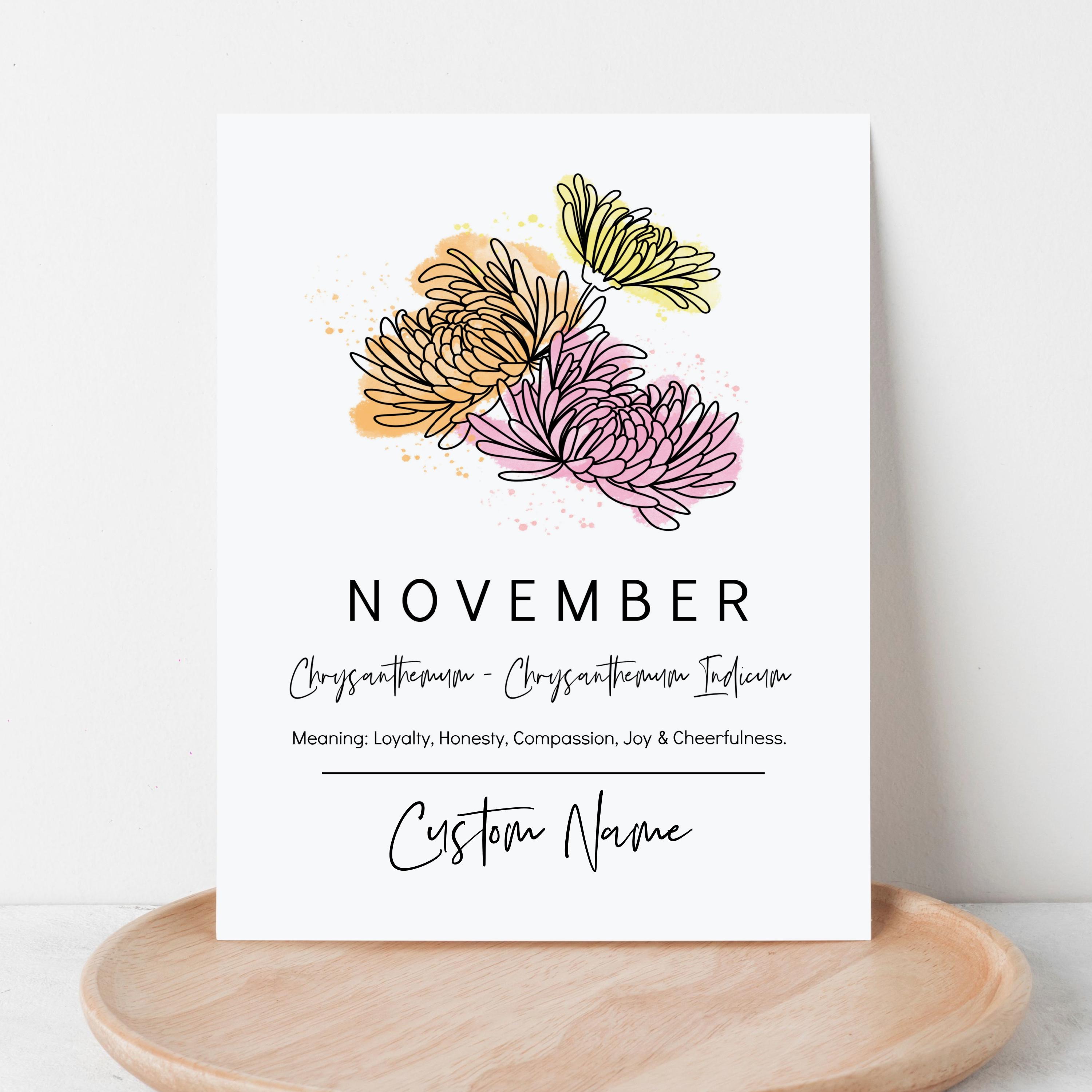 November Birth Month Flower Chrysanthemum | Personalized Art Digital Printable | Custom Name Birthday Gift