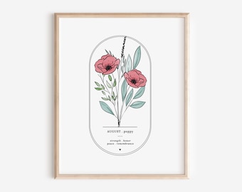 August Birth Flower Poppy | Arch Oval Frame Simple Art Printable